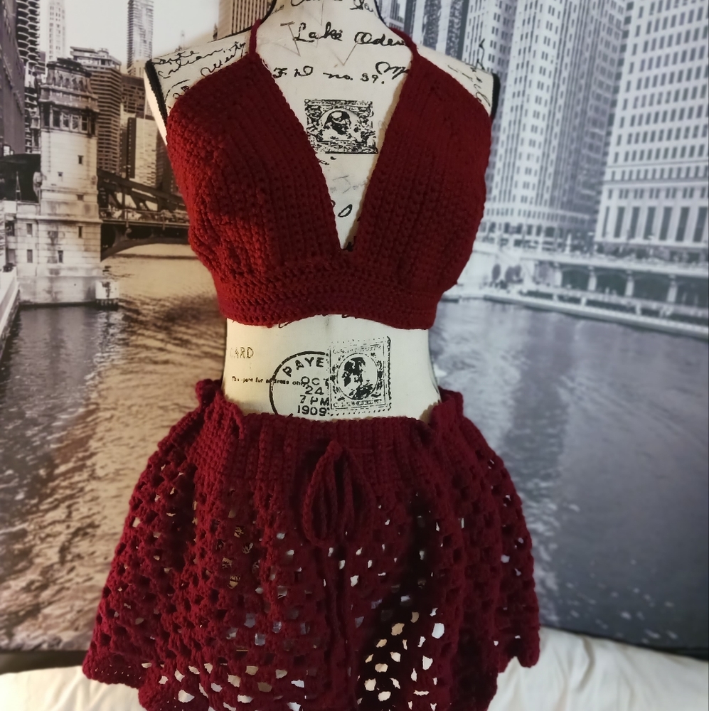 Crochet Two-Piece Bralette and Skirt Set in Deep Wine